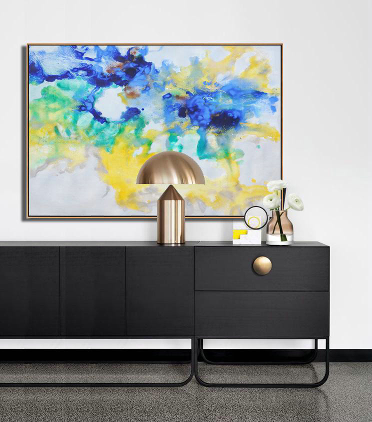 Hand Painted Horizontal Abstract Oil Painting On Canvas,Custom Canvas Wall Art,Blue,Yellow,Green,Grey